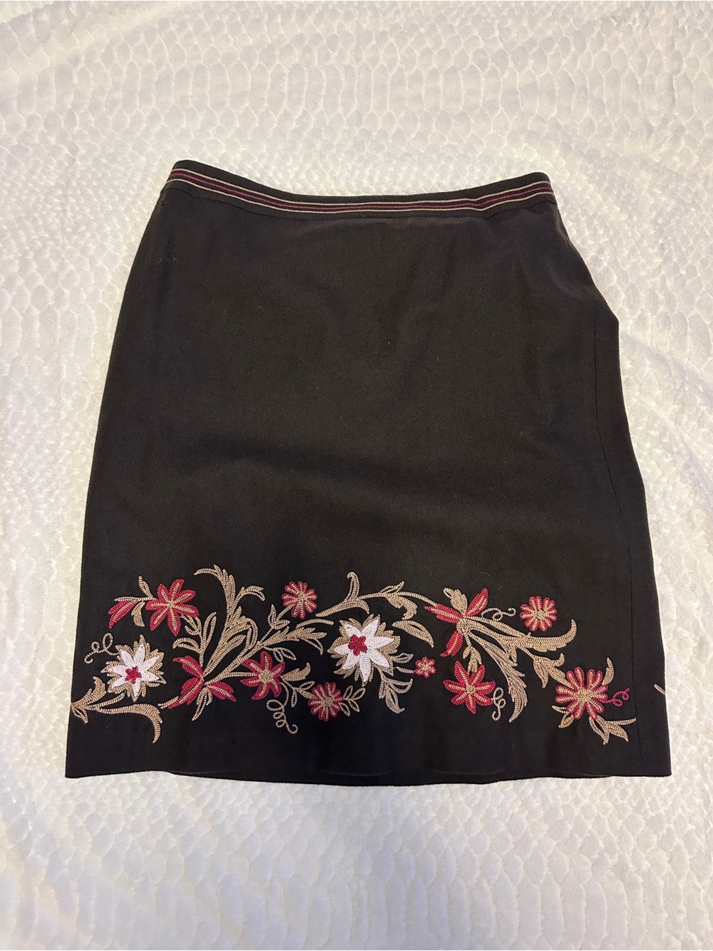 LOFT Deep Brown Pencil Skirt with Red & Tan Floral Embroidery